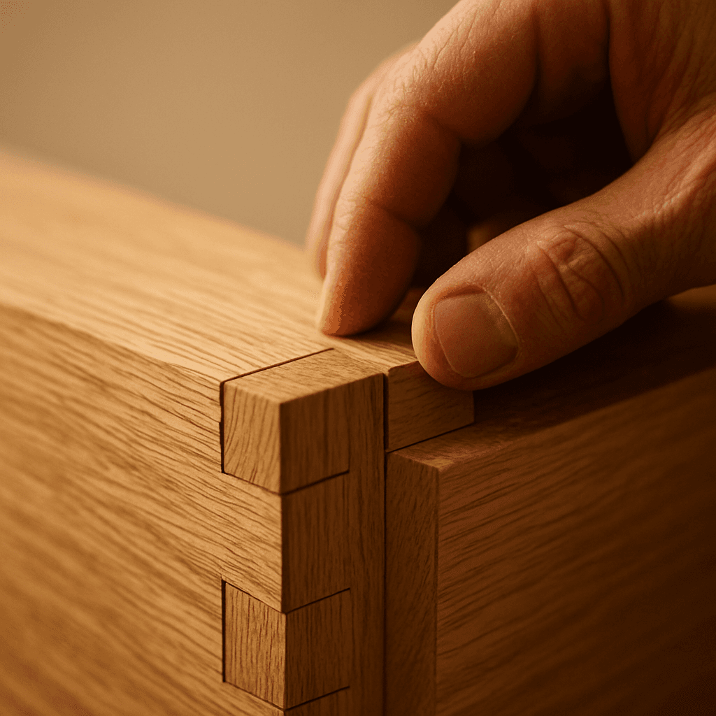 Detailaufnahme einer handgefertigten Holzverbindung aus Eiche