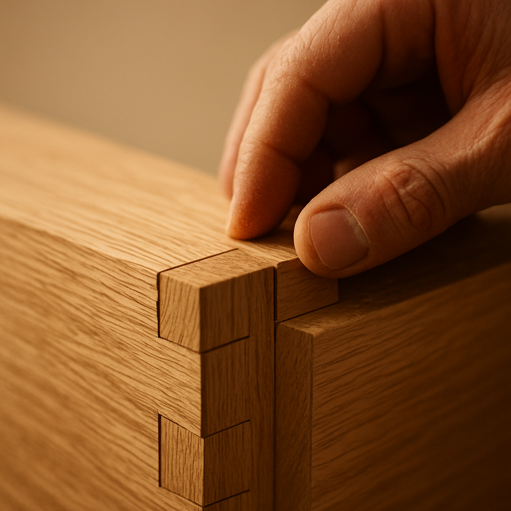 Detailaufnahme einer handgefertigten Holzverbindung aus Eiche
